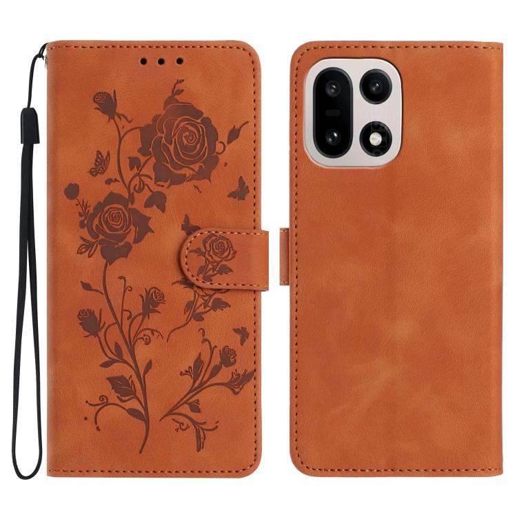 Orange leather folio phone case with rose floral emboss pattern and wrist strap