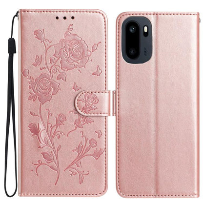 Rose gold embossed floral leather phone case with foldover strap and rose button closure