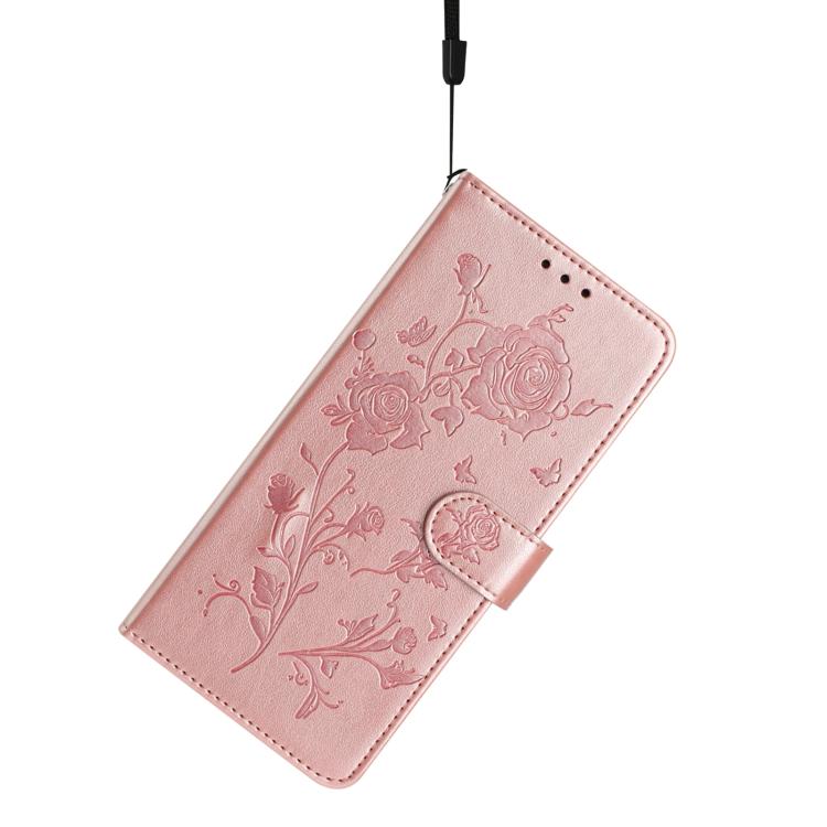 Rose gold floral embossed leather wallet phone case with hanging wrist strap