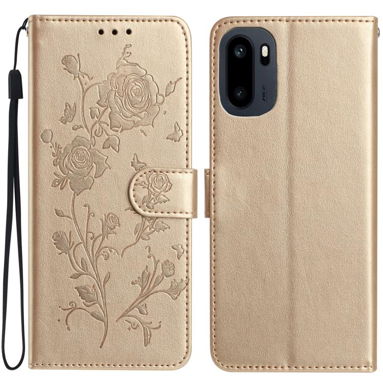 Rose gold faux leather phone wallet case with embossed floral rose pattern and wrist strap.