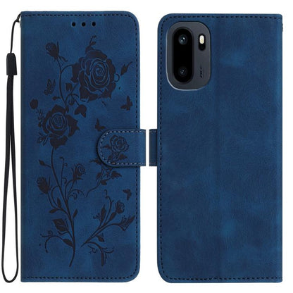 Dark blue faux leather phone wallet case with embossed floral rose pattern and wrist strap.
