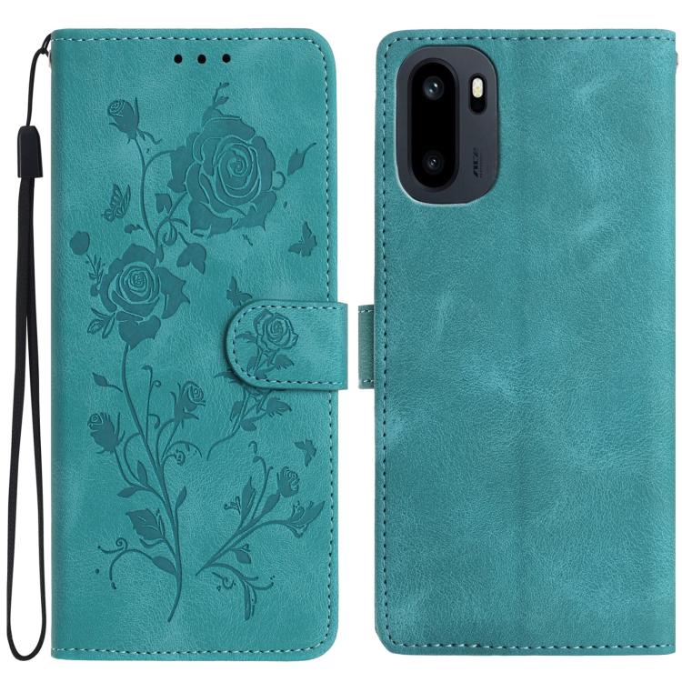 Teal faux leather phone wallet case with embossed floral rose pattern and wrist strap.