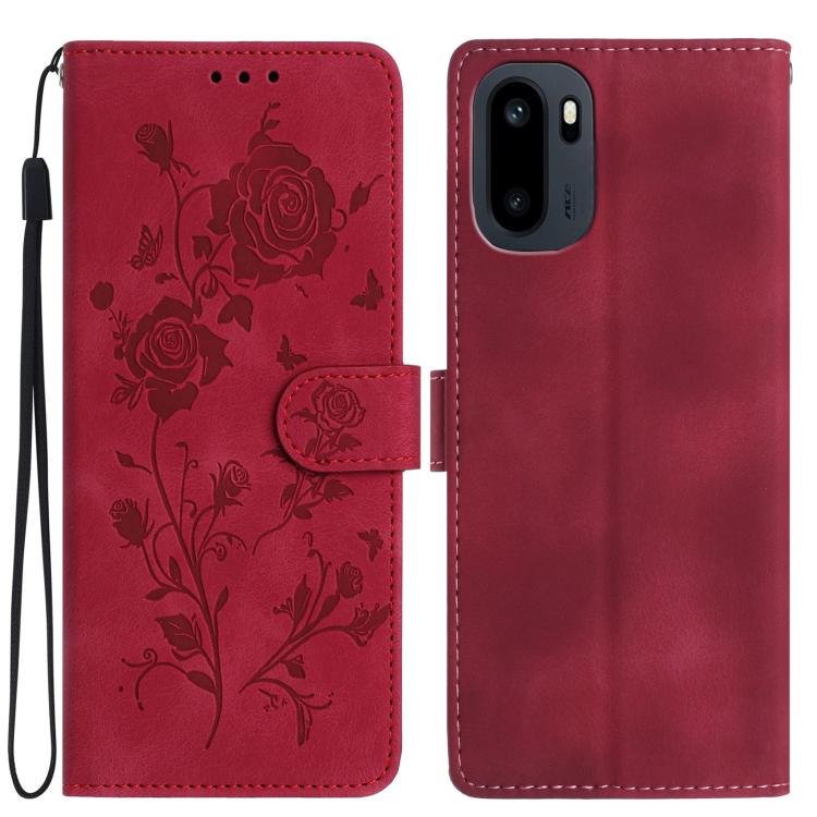 Red faux leather phone wallet case with embossed floral rose pattern and wrist strap.