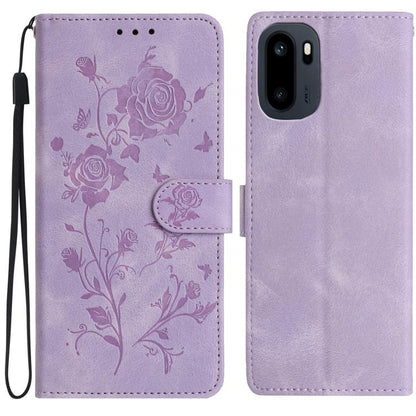 Light purple faux leather phone wallet case with embossed floral rose pattern and wrist strap.