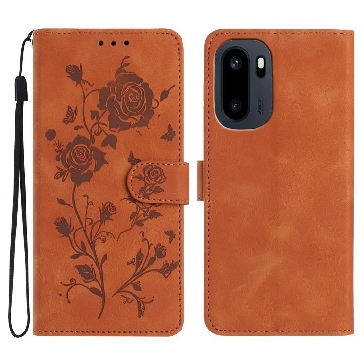 Orange faux leather phone wallet case with embossed floral rose pattern and wrist strap.