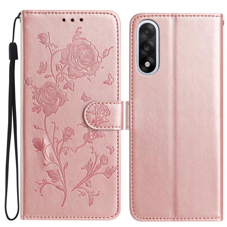 Pink leather folio phone case with rose floral emboss pattern and wrist strap