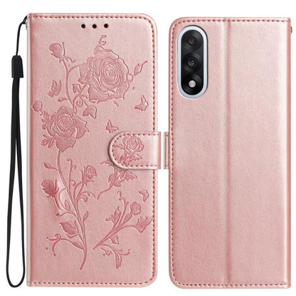 Pink leather folio phone case with rose floral emboss pattern and wrist strap