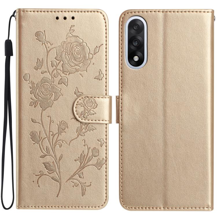 Beige leather folio phone case with rose floral emboss pattern and wrist strap