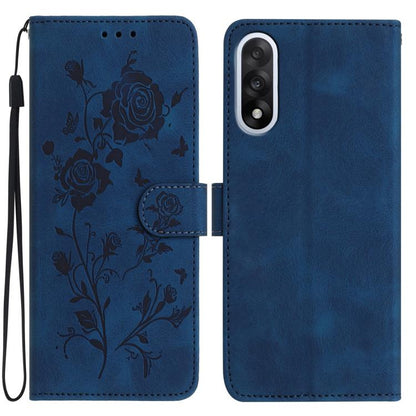 Blue leather folio phone case with rose floral emboss pattern and wrist strap cutout