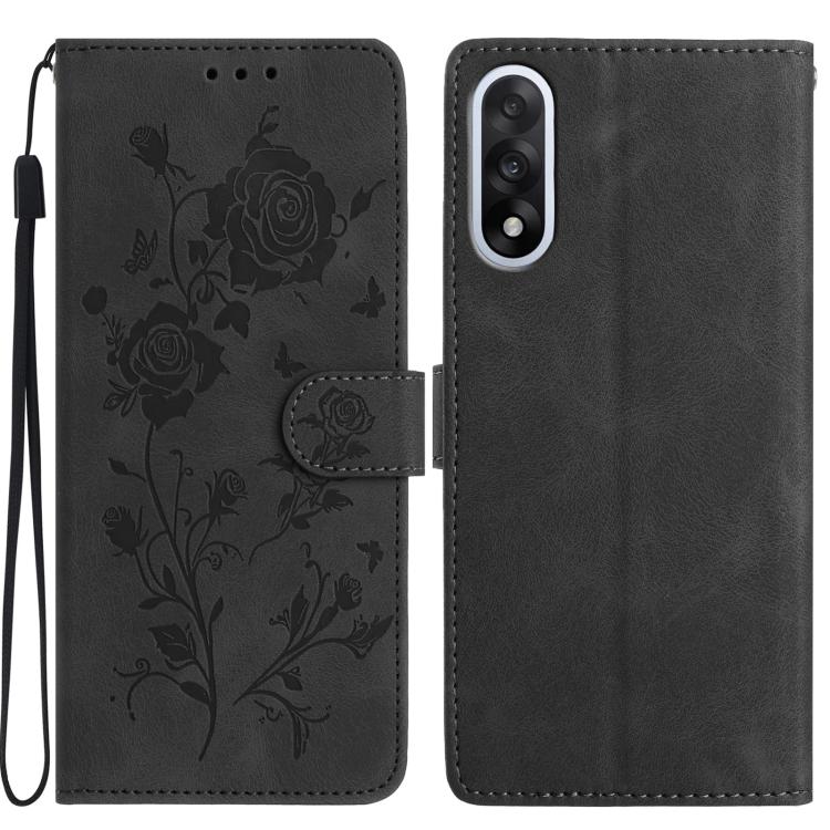 Leather phone case with rose embossing, flip cover and wrist strap, dark gray