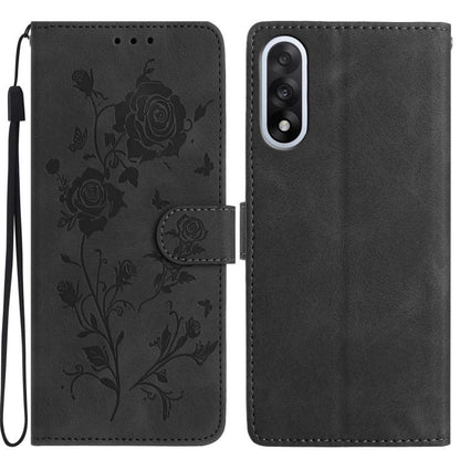 Leather phone case with rose embossing, flip cover and wrist strap, dark gray