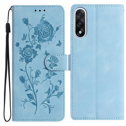 Leather phone case with rose embossing, flip cover and wrist strap, light blue