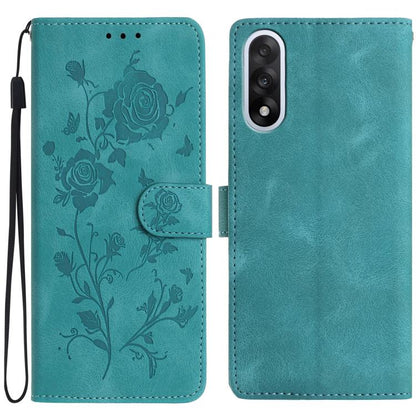 Leather phone case with rose embossing, flip cover and wrist strap, teal blue