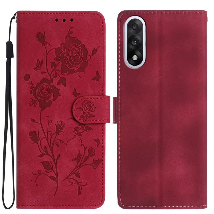 Leather phone case with rose embossing, flip cover and wrist strap, deep red
