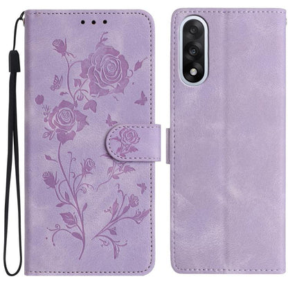 Leather phone case with rose embossing, flip cover and wrist strap, light purple