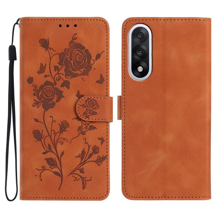 Leather phone case with rose embossing, flip cover and wrist strap, burnt orange