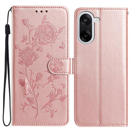 Leather phone case with rose embossing, flip cover and wrist strap, soft pink