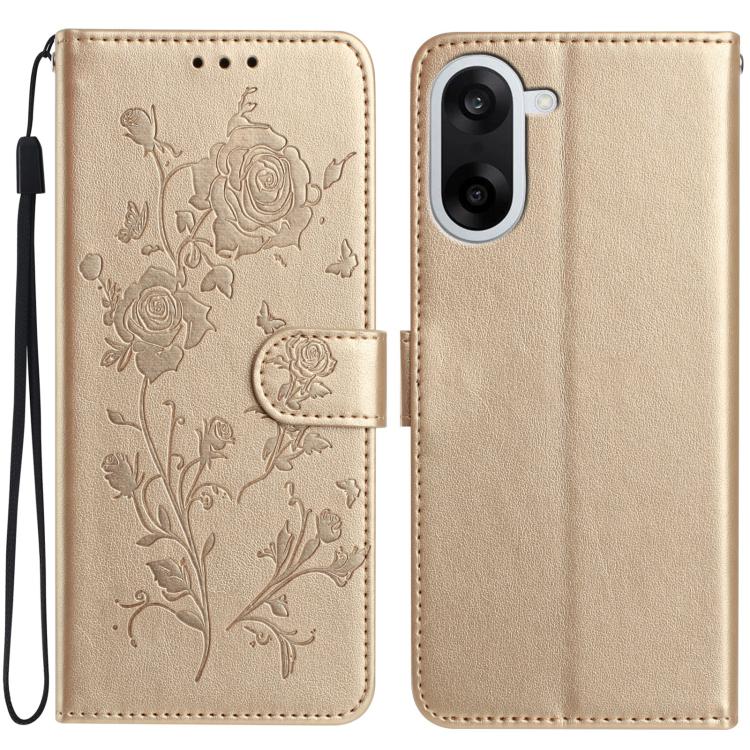 Leather phone case with rose embossing, flip cover and wrist strap, beige