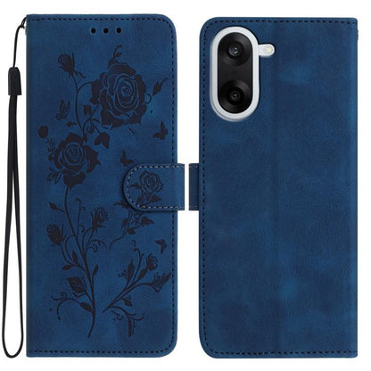 Leather phone case with rose embossing, flip cover and wrist strap, royal blue