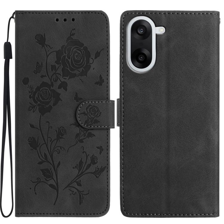 Leather phone case with rose embossing, flip cover and wrist strap, dark gray