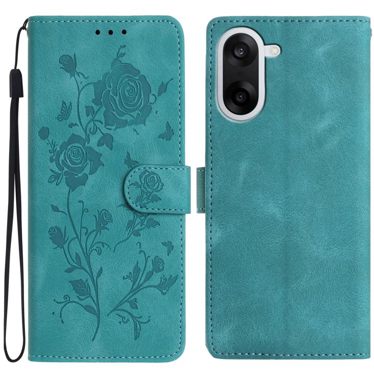Teal floral leather phone case with rose embossing, magnetic folio and wrist strap