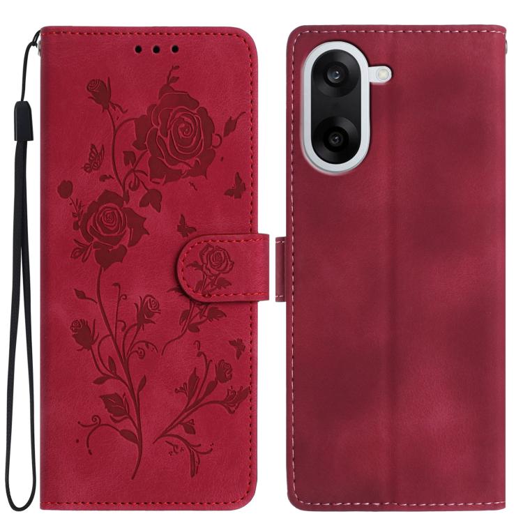 Red floral leather phone case with rose embossing, magnetic folio and wrist strap