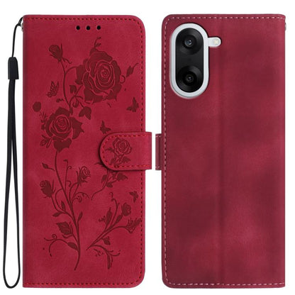 Red floral leather phone case with rose embossing, magnetic folio and wrist strap