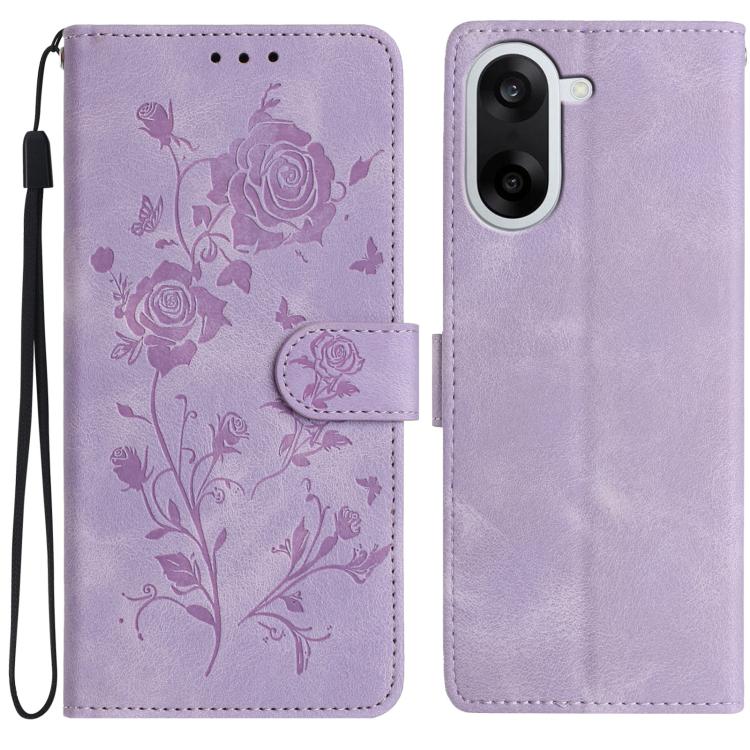 Lavender floral leather phone case with rose embossing, magnetic folio and wrist strap