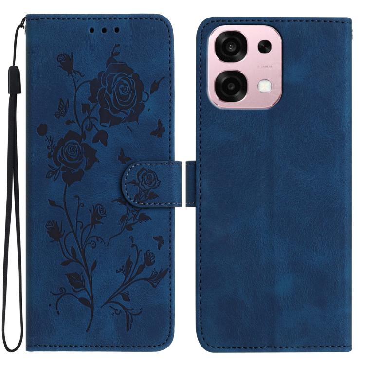 Blue leather folio phone case with rose embossing, magnetic strap, port cutouts