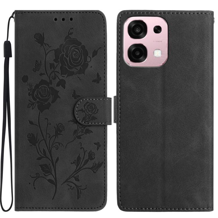 Leather phone case with rose embossed floral pattern, folio style with wrist strap.