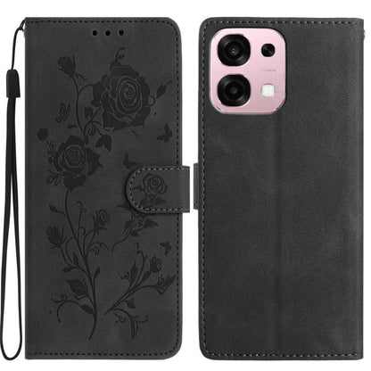 Leather phone case with rose embossed floral pattern, folio style with wrist strap.