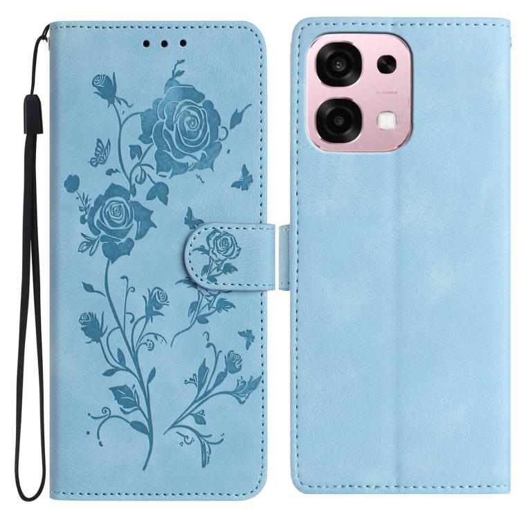 Light blue leather folio phone case with rose and butterfly floral print, magnetic flap.