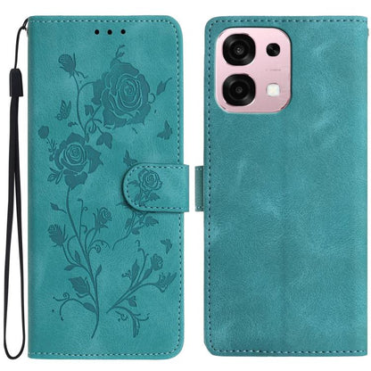 Teal leather folio phone case with rose floral embossed pattern and magnetic closure.