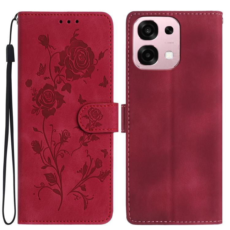 Red leather folio phone case with rose embossed floral design and magnetic strap closure.