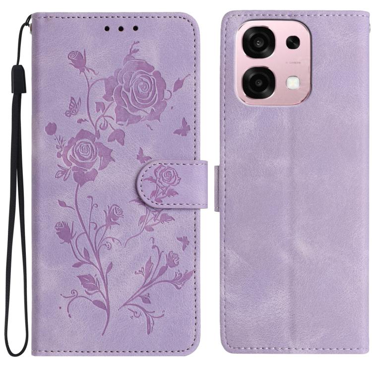 Lavender leather folio phone case with rose floral embossed print and magnetic front flap.