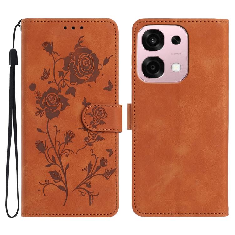 Orange leather folio phone case with rose floral embossed design and magnetic closure.