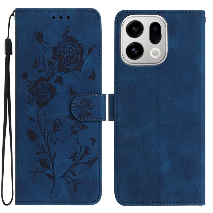 Blue leather folio phone case with rose embossing, magnetic strap, cutouts for ports