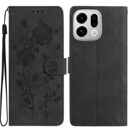 Black leather folio phone case with embossed rose pattern and magnetic strap cover