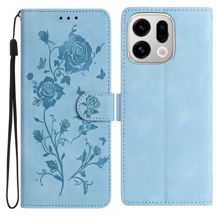 Light blue leather folio phone case with rose embossing and magnetic front strap