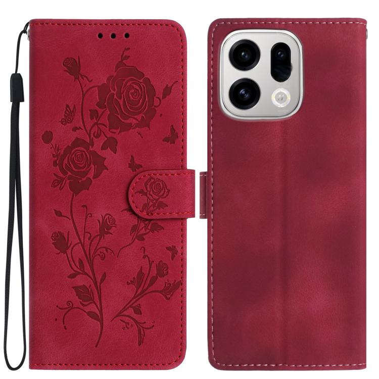 Red leather folio phone case with embossed rose design and magnetic strap closure