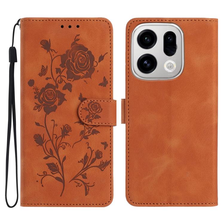 Orange leather folio phone case with embossed rose pattern and magnetic strap