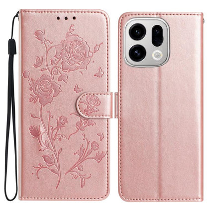 Pink leather folio phone case with embossed rose and butterfly floral pattern, magnetic flap.