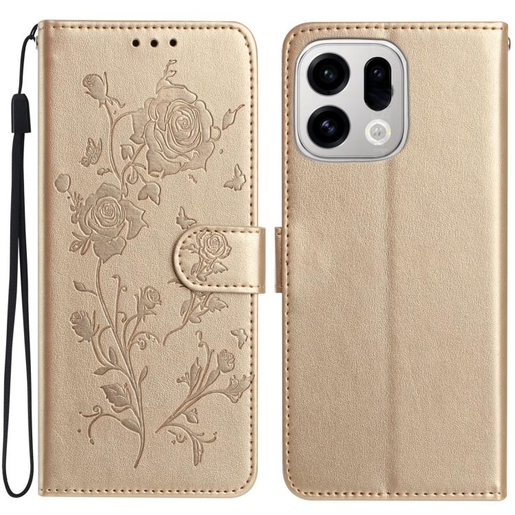 Beige leather folio phone case with embossed rose floral pattern and magnetic front flap.