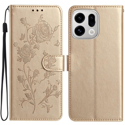 Beige leather folio phone case with embossed rose floral pattern and magnetic front flap.