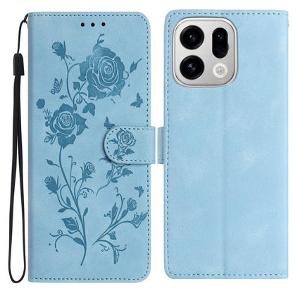 Light blue leather-style phone case with rose embossed floral pattern and wrist strap