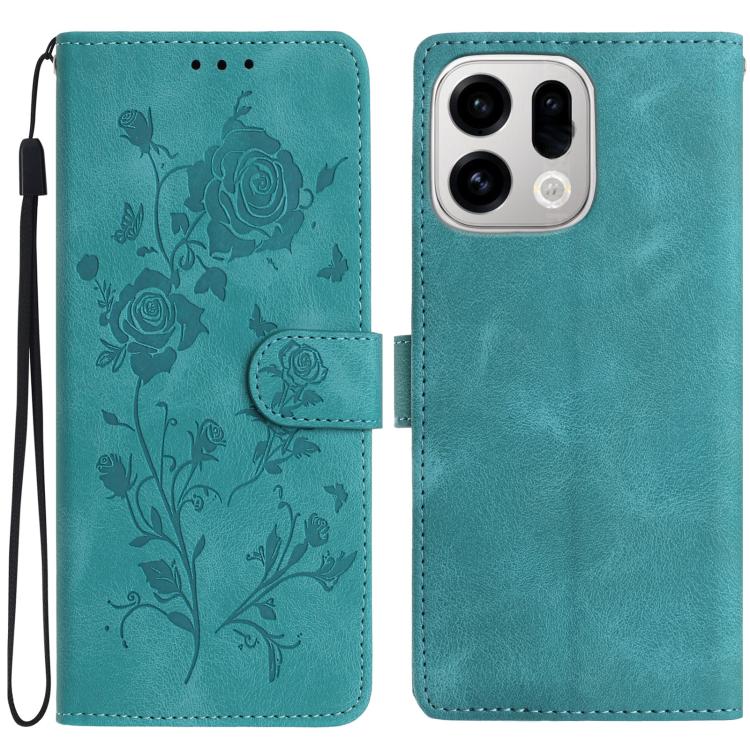 Teal leather-style phone case with rose embossed floral pattern and wrist strap