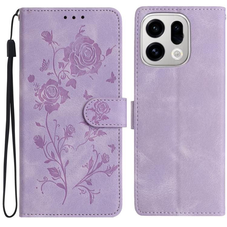 Lavender leather-style phone case with rose embossed floral pattern and wrist strap