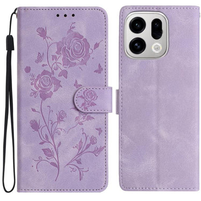 Lavender leather-style phone case with rose embossed floral pattern and wrist strap