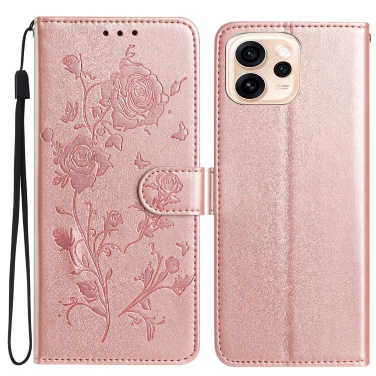 Rose-embossed pink leather phone case with flip cover and rose floral pattern.
