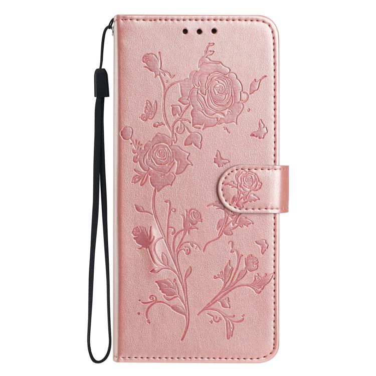 Pink rose floral embossed flip wallet phone case with button strap and side wrist loop.